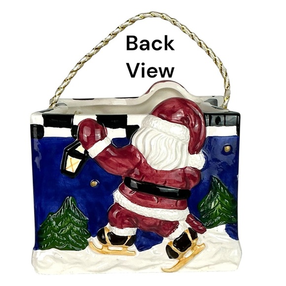 Vintage Ceramic Gift Bag Decorative Skating Santa Blue Christmas Holiday Theme - Picture 3 of 16